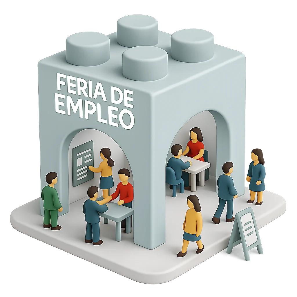 Personas conversando con empresas en una feria de empleo representada con una pieza de construcción